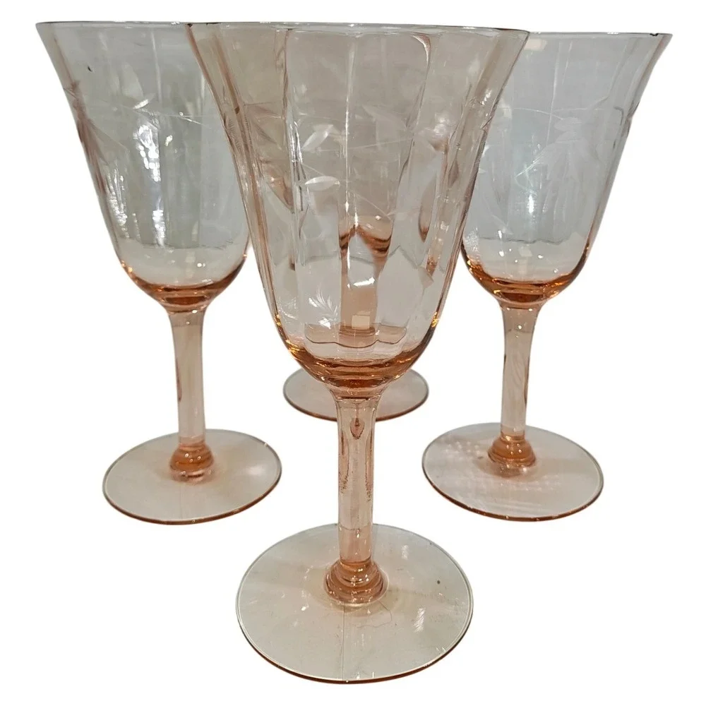 Vintage Pink Depression Glass Water Goblets Set of 4 Etched Floral Optic Panel